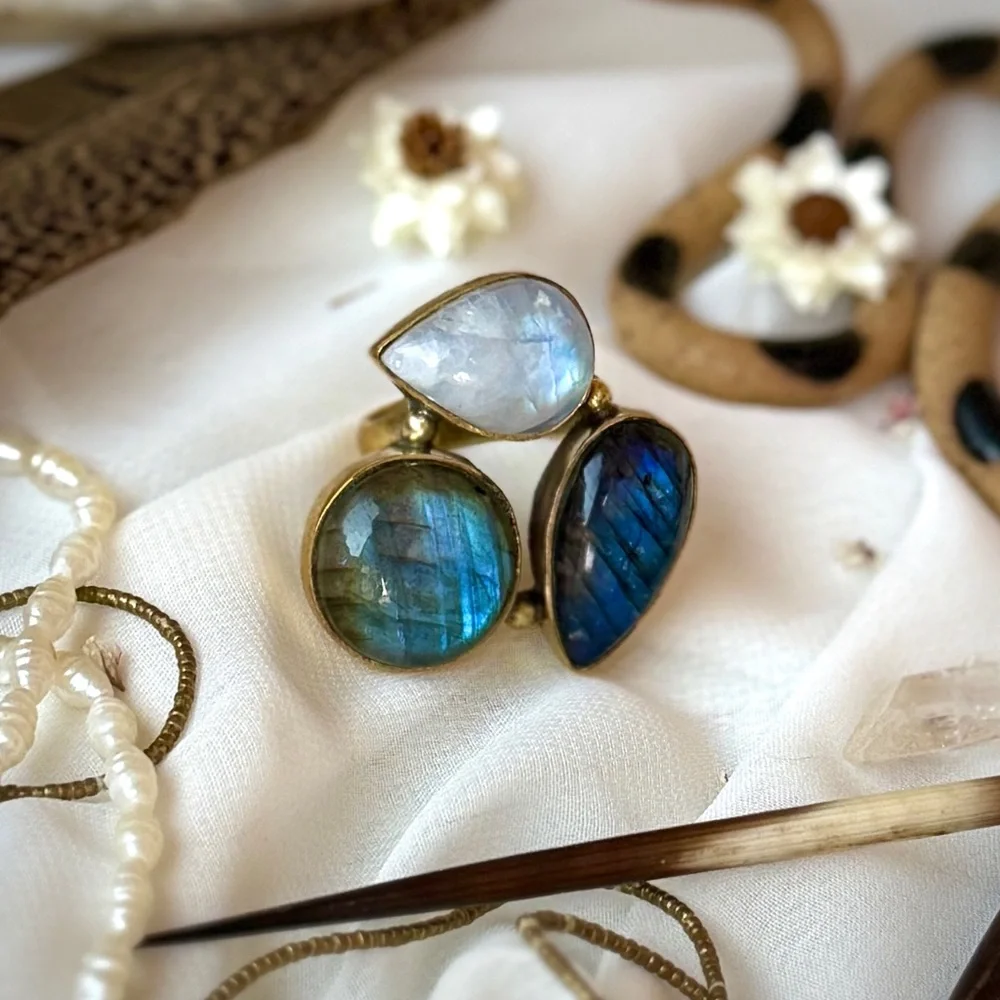 Triple Precious Gemstone Set Gold Plated Sterling Silver Statement Ring